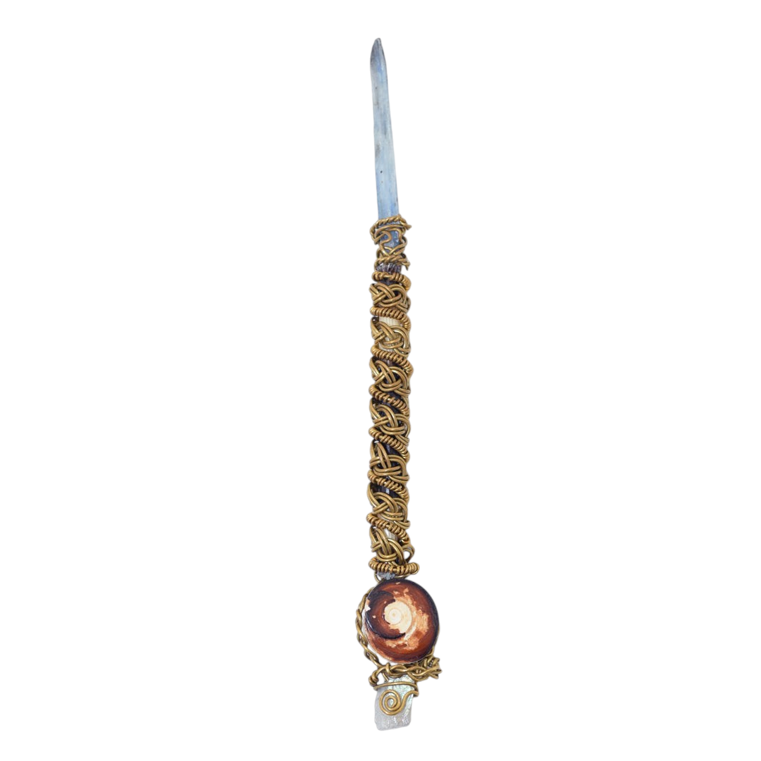Ruby Feathers Celestial Wisdom Magic Wand with polished brass, kyanite, labradorite twists, and grounding fossils.