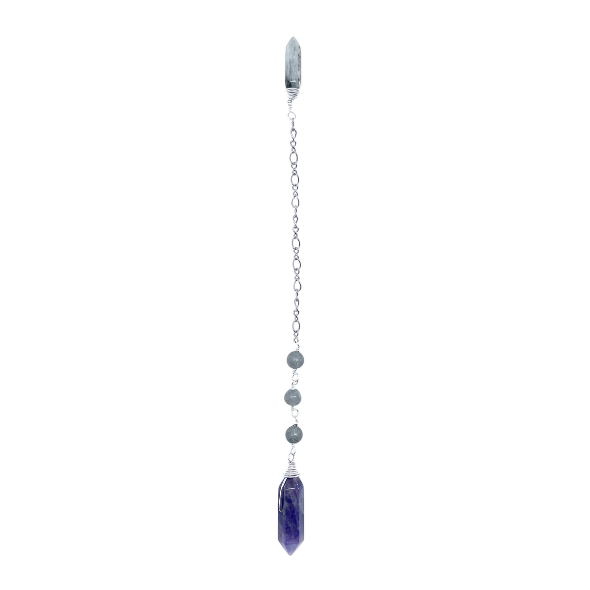 Ruby Feathers Mystic Shield pendulum featuring a faceted amethyst point, labradorite beads, and a steel chain.