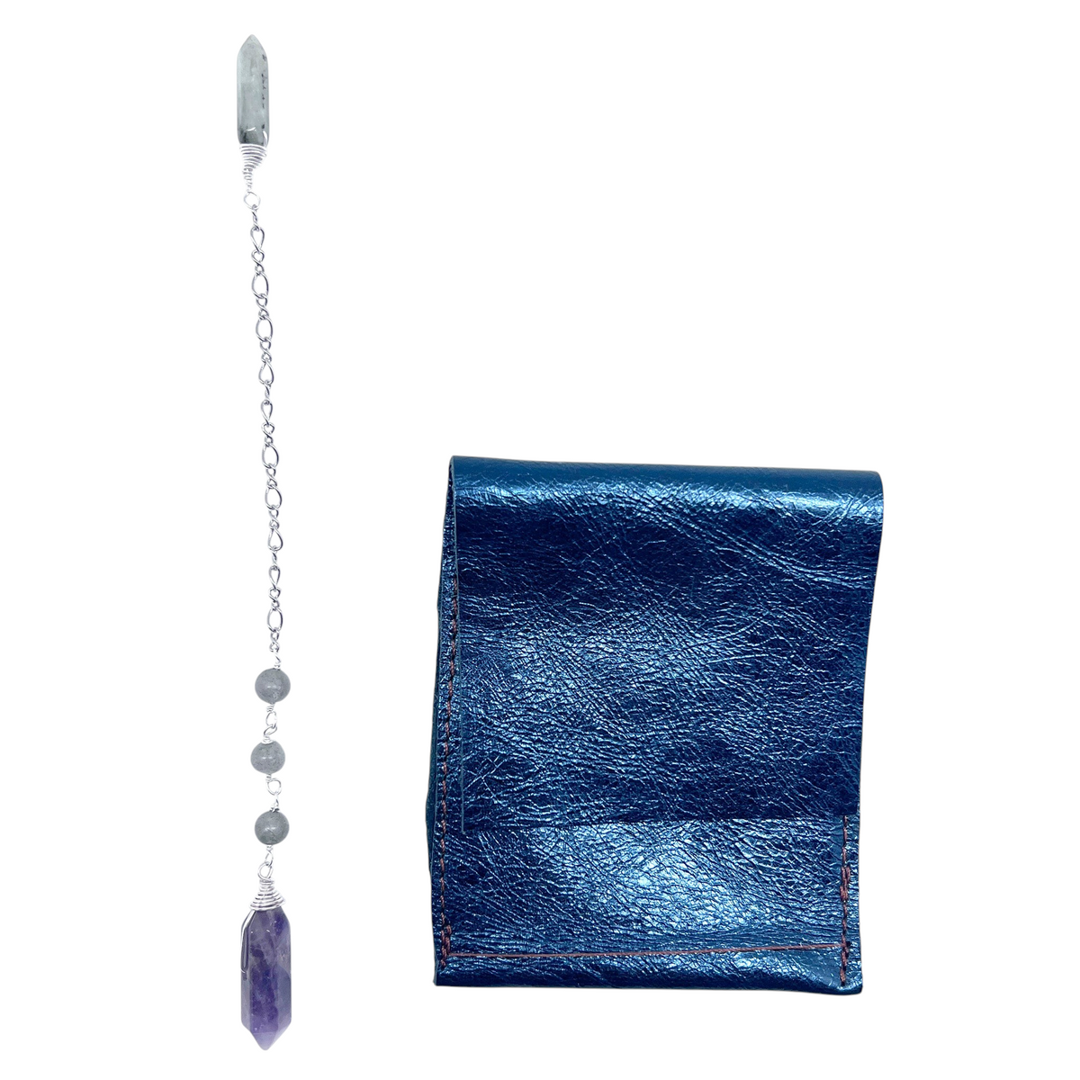 Ruby Feathers Mystic Shield pendulum with amethyst point, labradorite beads, steel chain, and blue leather pouch.