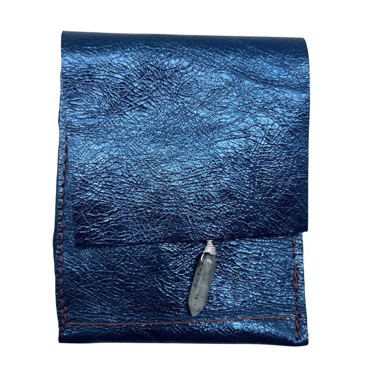 Ruby Feathers protective blue leather pouch for The Mystic Shield Pendulum with a small crystal charm attached