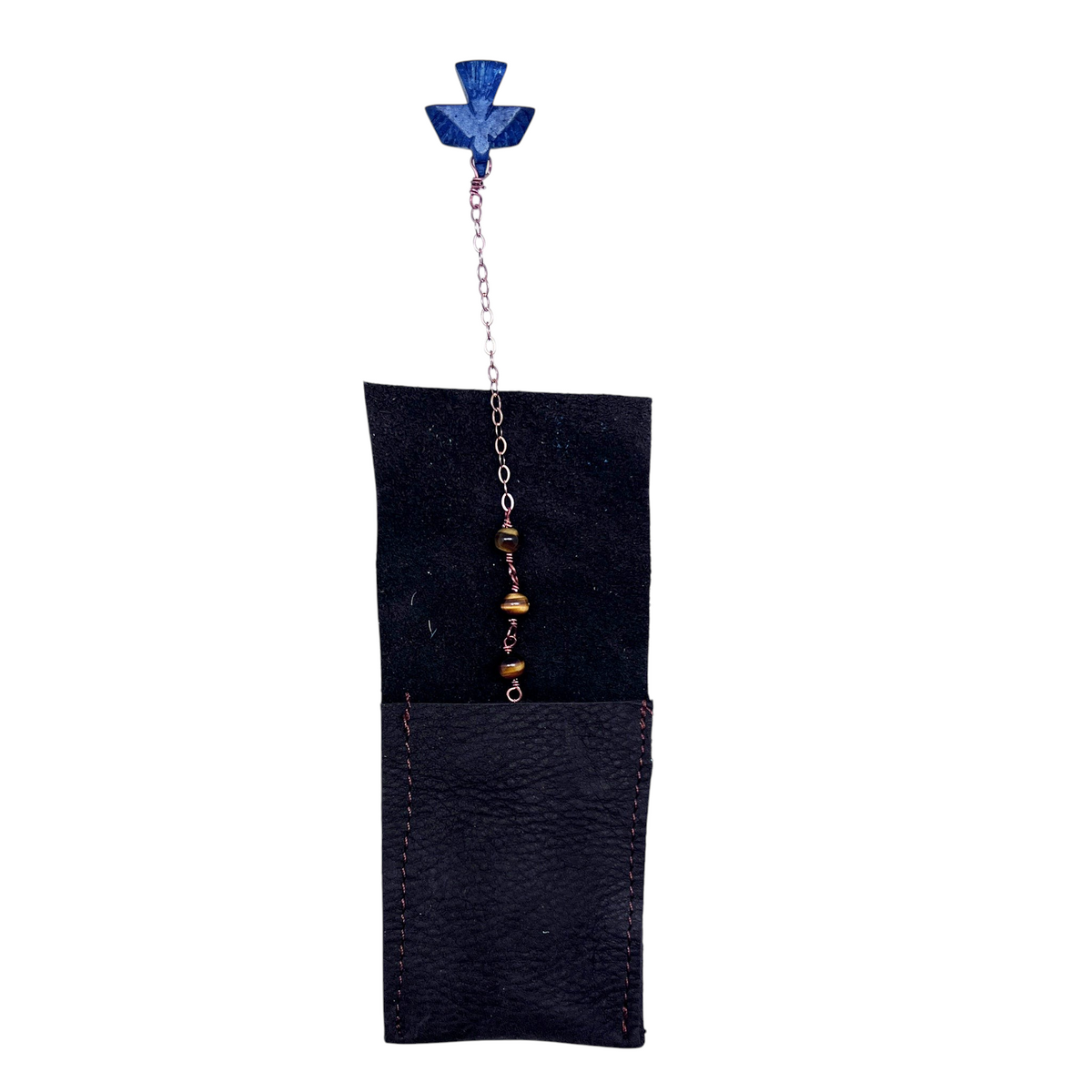 Ruby Feathers Sovereign Eagle pendulum with lapis lazuli eagle carving, tiger's eye beads, and copper chain in pouch