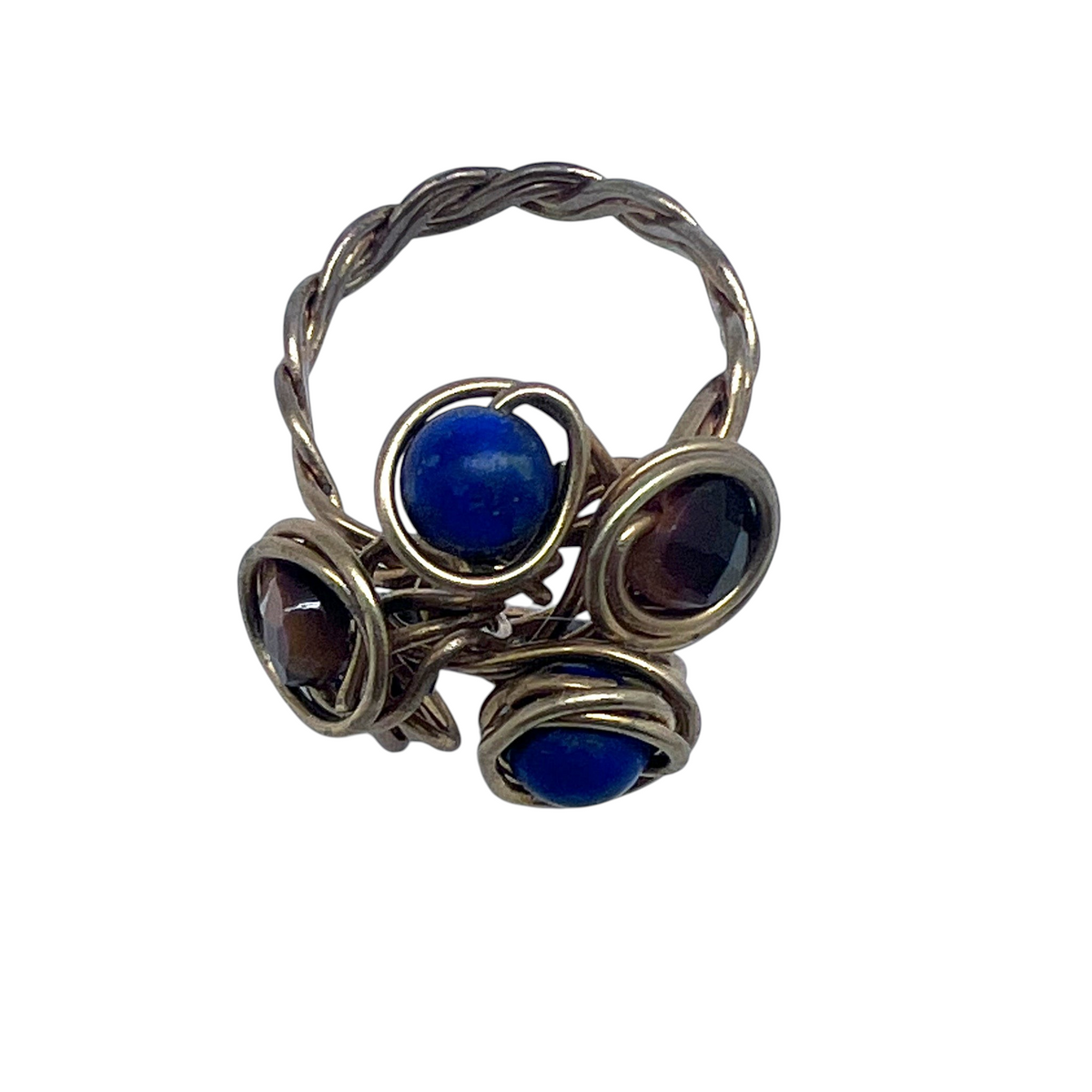 Ruby Feathers handcrafted brass wire ring featuring a cluster of blue Lapis Lazuli and brown Tiger's Eye gemstones.
