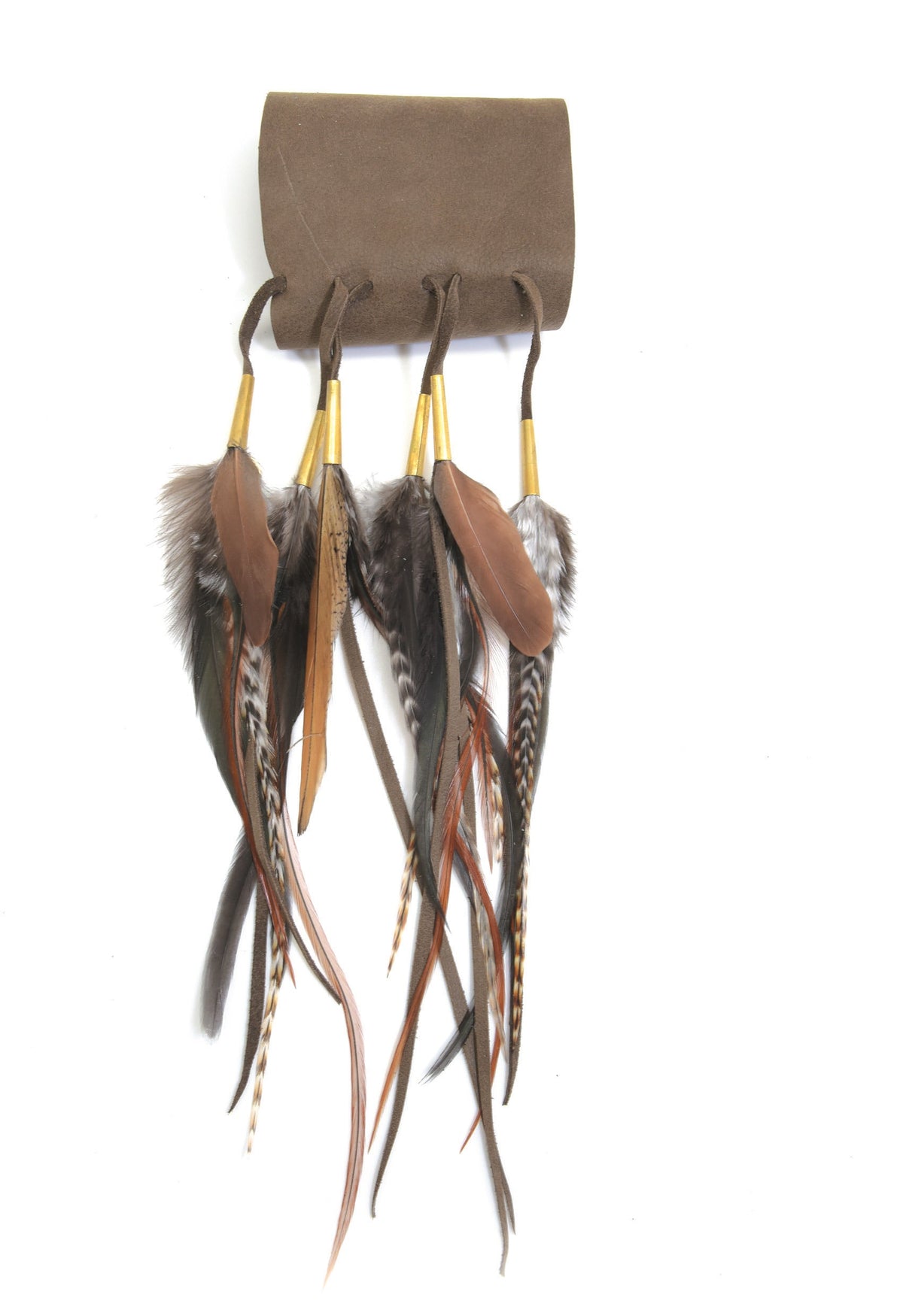 Ruby Feathers bohemian calfskin leather cuff with flowing brown and grey ethically sourced feather fringe