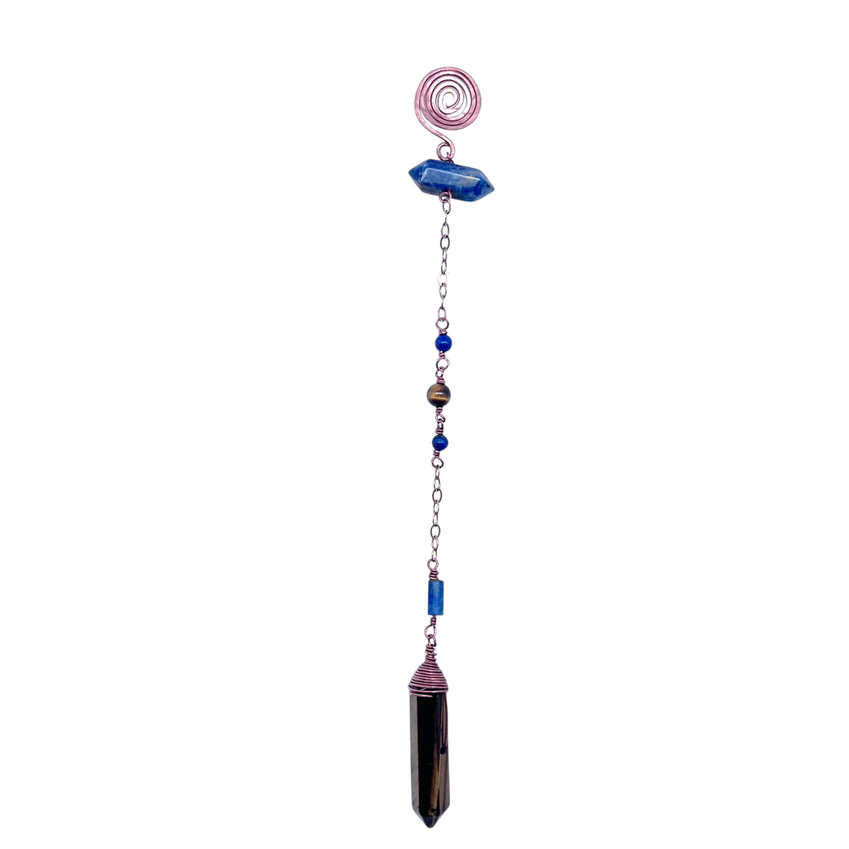 Ruby Feathers Sacred Truth pendulum with a Tiger's Eye point, Lapis Lazuli beads, and a copper chain for dowsing.