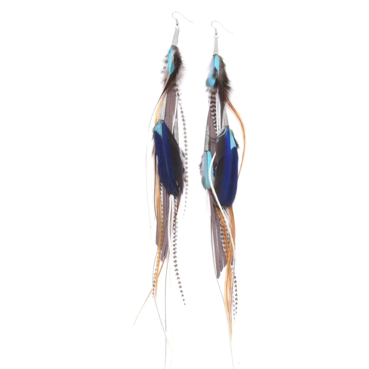 Ruby Feathers Utopia earrings featuring long, ethically sourced blue, brown, and white striped statement feathers.
