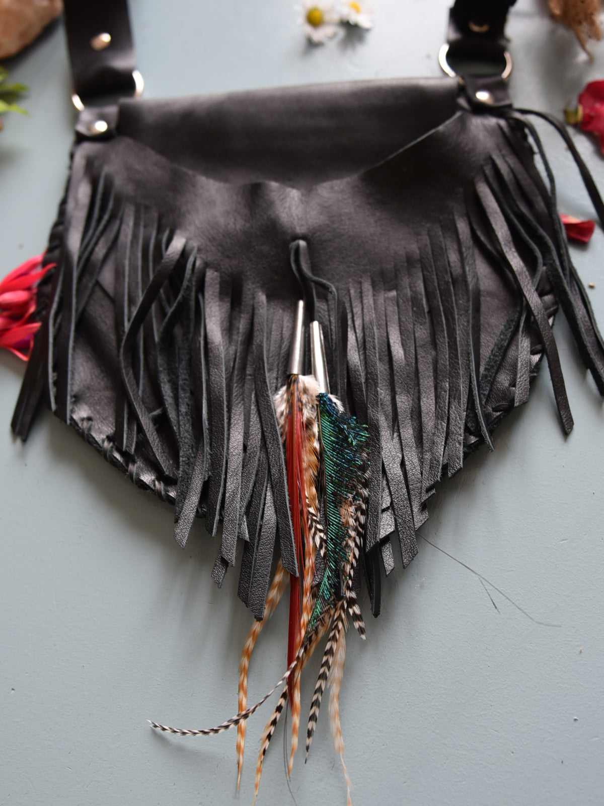 Ruby Feathers Achack leather and feather fringe bag.