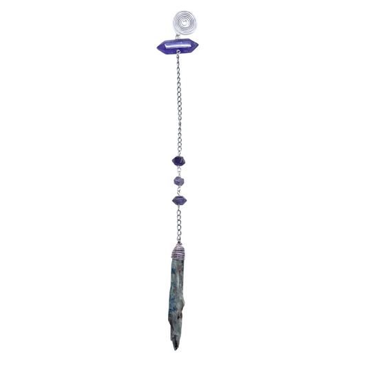 Ruby Feathers Sauvage Kyanite pendulum with amethyst beads and steel wire wrap for spiritual meditation and healing