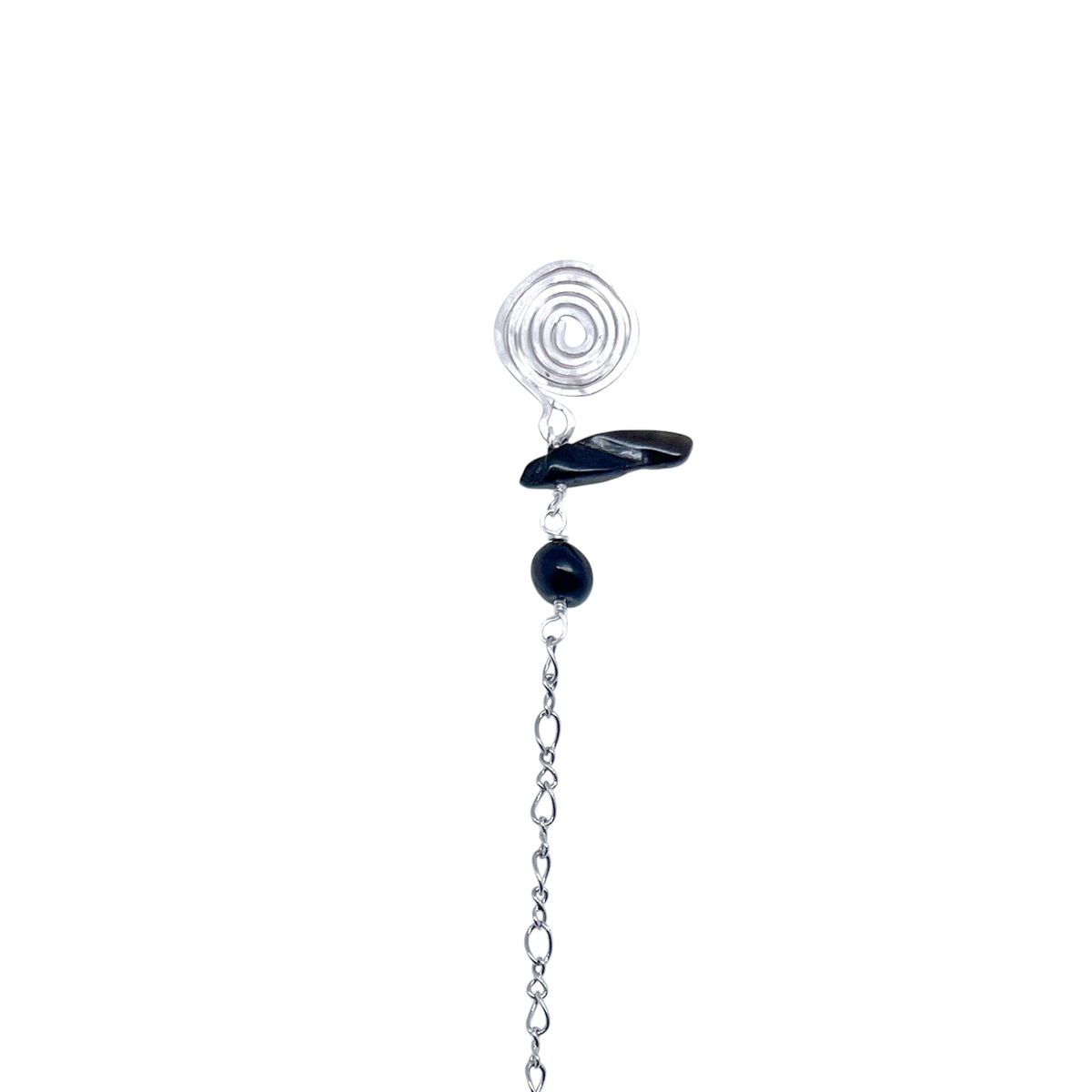 Ruby Feathers Aegis Shadow pendulum featuring black tourmaline, smoky quartz, and a silver spiral talisman on a chain.