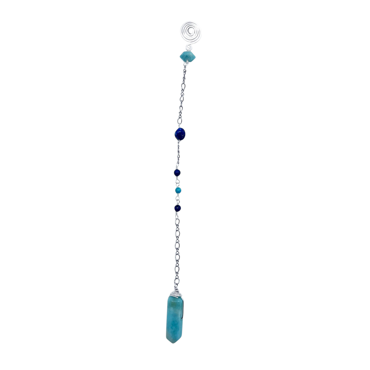 Ruby Feathers Flowing Truth pendulum featuring an Amazonite point, Lapis Lazuli beads, and a silver spiral handle.