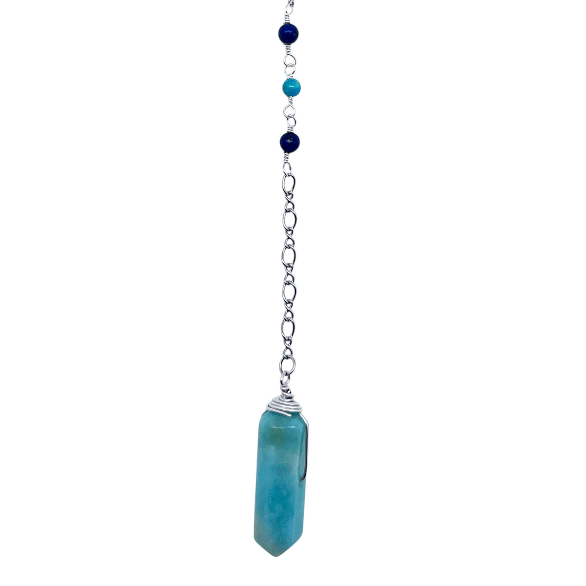 Ruby Feathers pendulum with a natural Amazonite point, Lapis Lazuli beads, and a silver-toned spiral on a steel chain.
