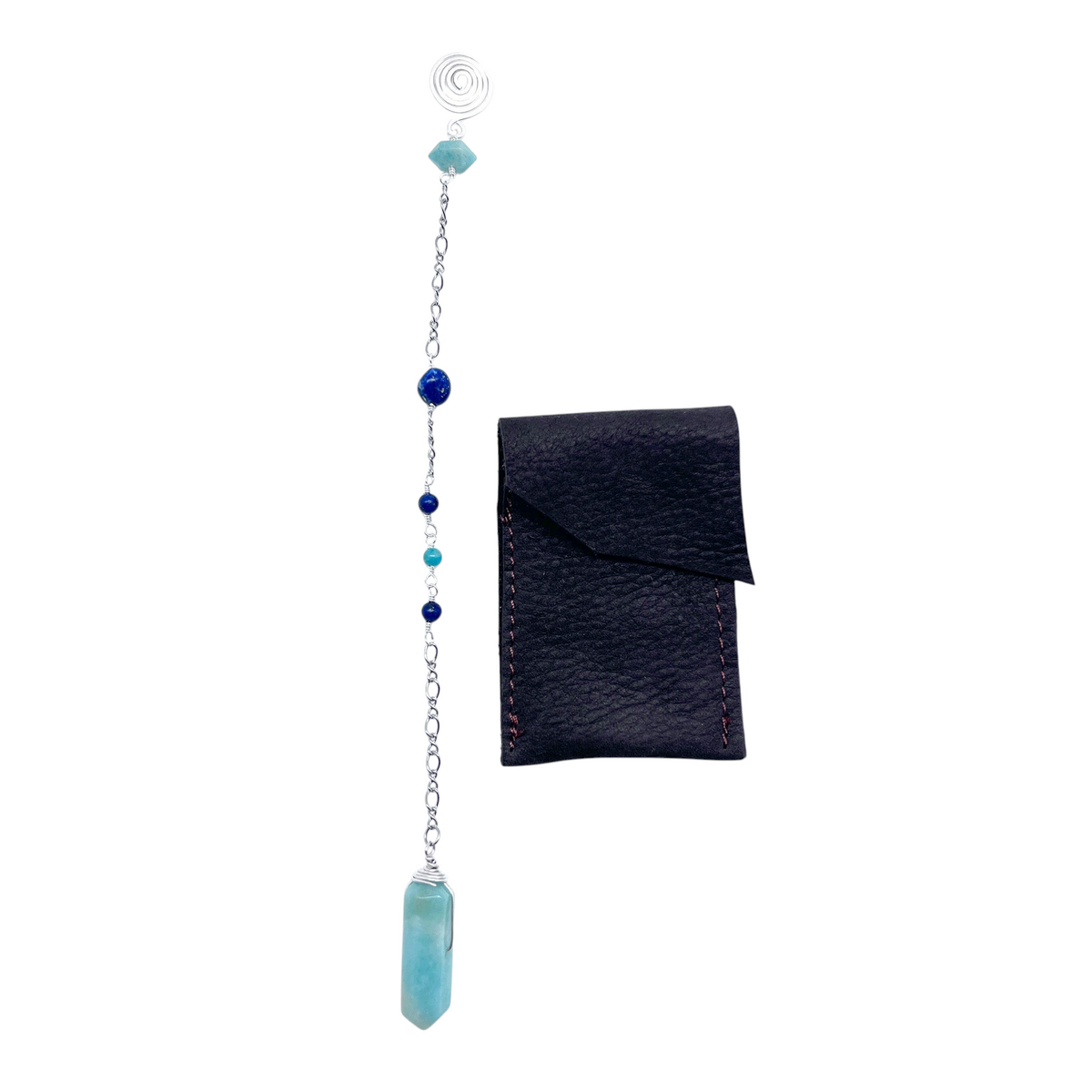 Ruby Feathers Flowing Truth pendulum with Amazonite point, Lapis Lazuli beads, silver spiral, and leather pouch.
