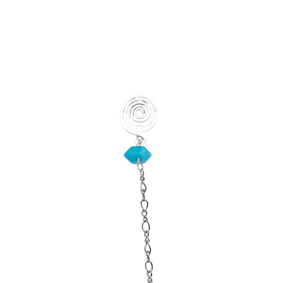Ruby Feathers Celestial Calm pendulum featuring a silver spiral handle, blue amazonite bead, and steel chain.