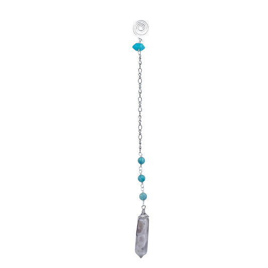 Ruby Feathers Celestial Calm pendulum with cloud agate point, amazonite beads, and a silver spiral handle on steel chain