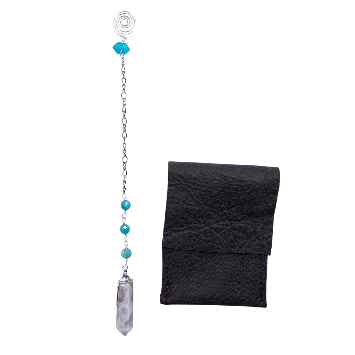 Ruby Feathers Celestial Calm pendulum with cloud agate point, amazonite beads, silver spiral handle, and leather pouch