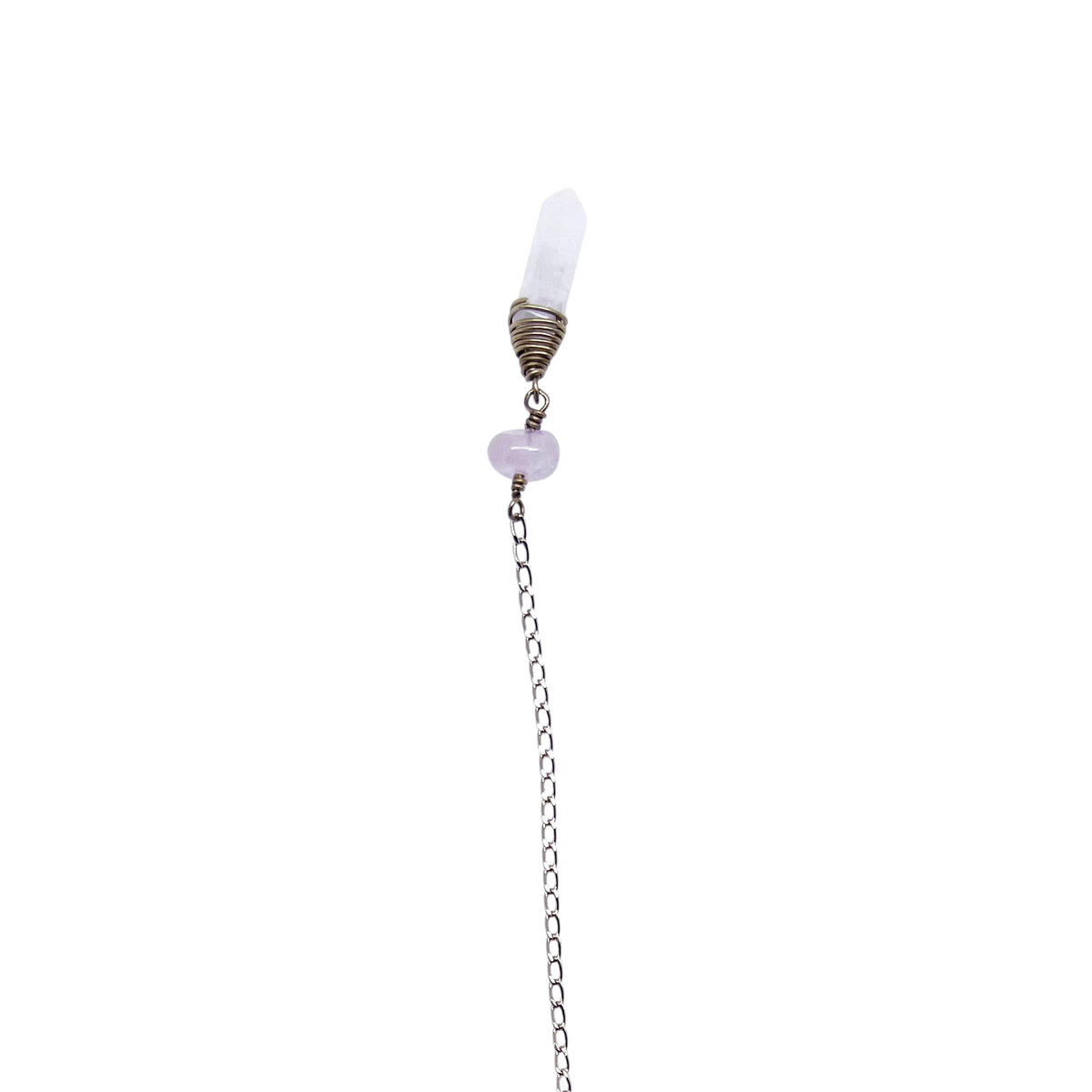 Ruby Feathers Sacred Flame pendulum with a pointed crystal, rose quartz bead, and brass chain for energy healing.