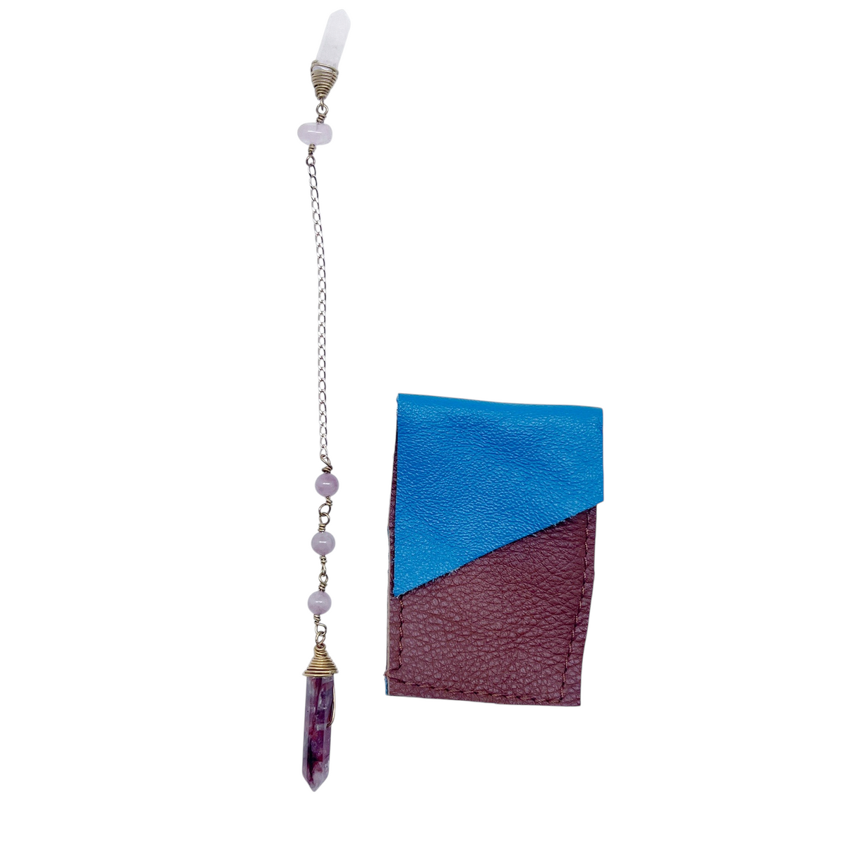 Ruby Feathers Sacred Flame pendulum with fire agate point, rose quartz beads, brass chain, and leather pouch.