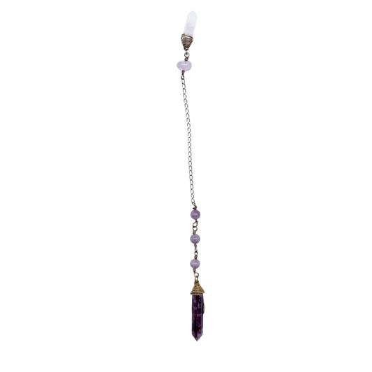 Ruby Feathers Sacred Flame pendulum with a fire agate point, rose quartz beads, and a brass chain for dowsing.