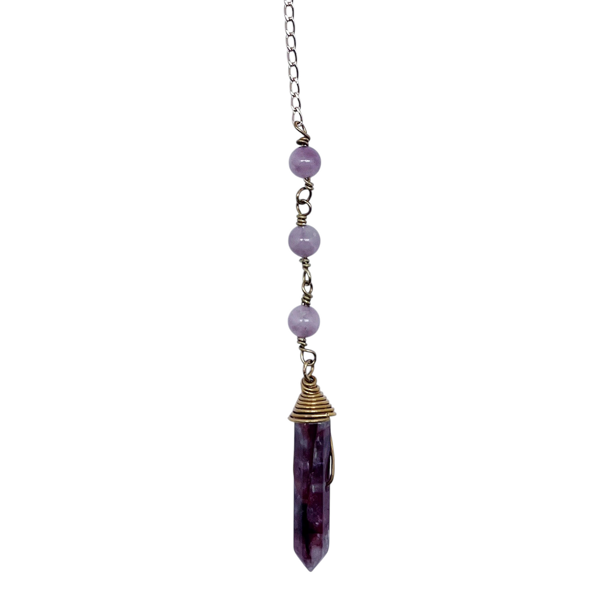 Ruby Feathers Sacred Flame pendulum with a pointed fire agate, rose quartz beads, and a brass chain.