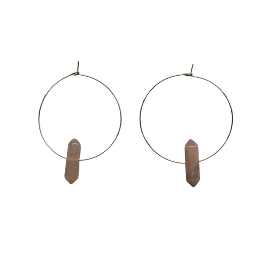 Ruby Feathers gold-plated large hoop earrings featuring natural sunstone crystal points for a radiant statement look.