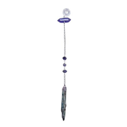 Ruby Feathers handcrafted pendulum with blue kyanite, amethyst crystals, and steel chain for spiritual practice.