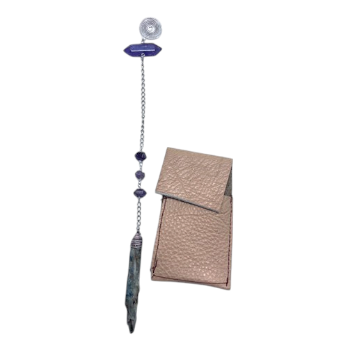 Ruby Feathers handcrafted pendulum with blue kyanite, amethyst crystals, and steel chain, includes leather pouch.