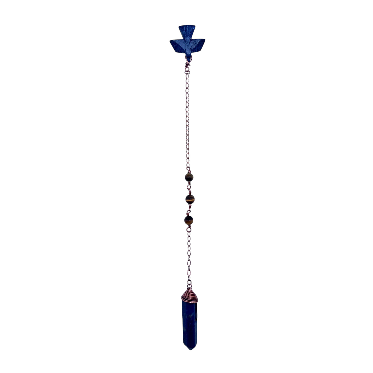 Ruby Feathers Sovereign Eagle pendulum with lapis lazuli eagle carving, tiger's eye beads, and copper chain.