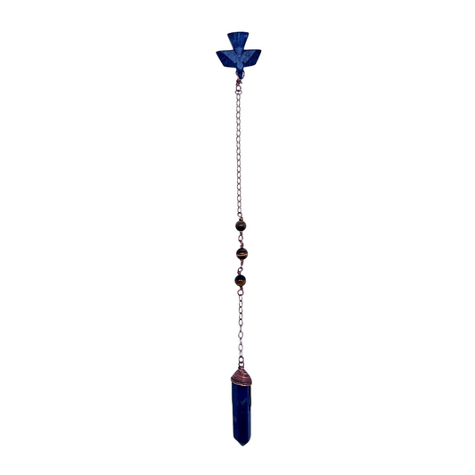 Ruby Feathers Sovereign Eagle pendulum with lapis lazuli eagle carving, tiger's eye beads, and copper chain.