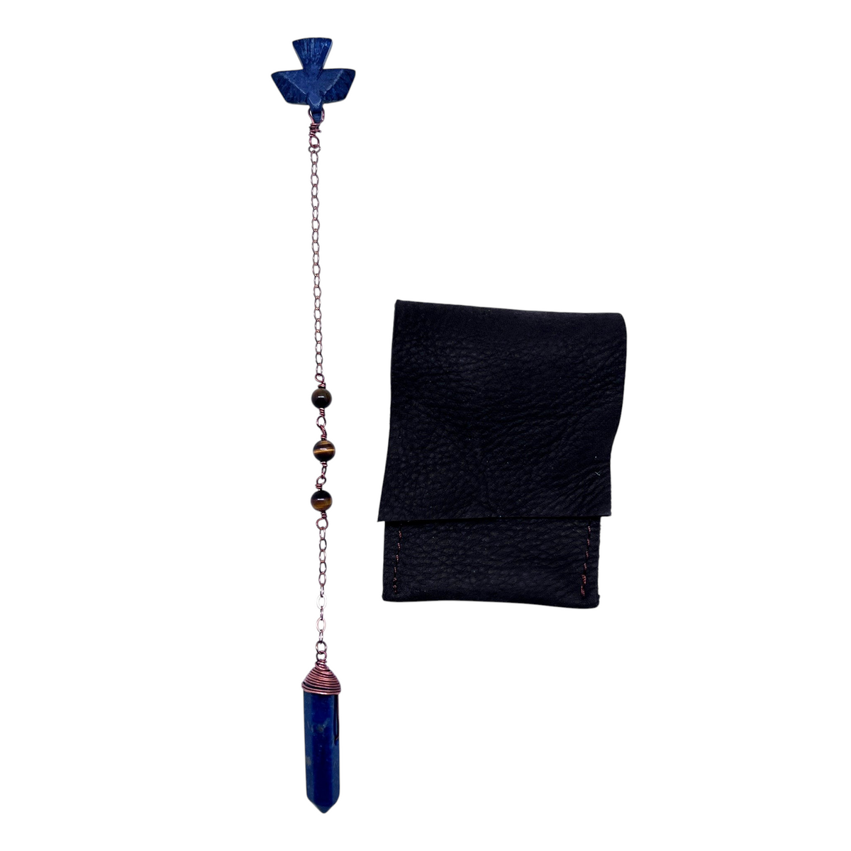 Ruby Feathers Sovereign Eagle pendulum with lapis lazuli eagle carving, tiger's eye beads, copper chain, and pouch.