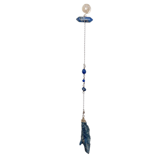 Ruby Feathers Third Eye Oracle pendulum featuring lapis lazuli, blue kyanite, and brass wire-wrapped accents