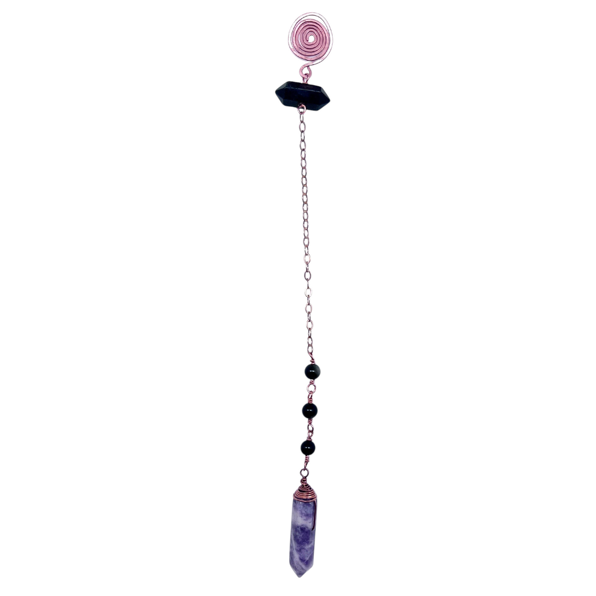 Ruby Feathers Serene Balance pendulum with lepidolite, black obsidian beads, and a copper chain for energy work.