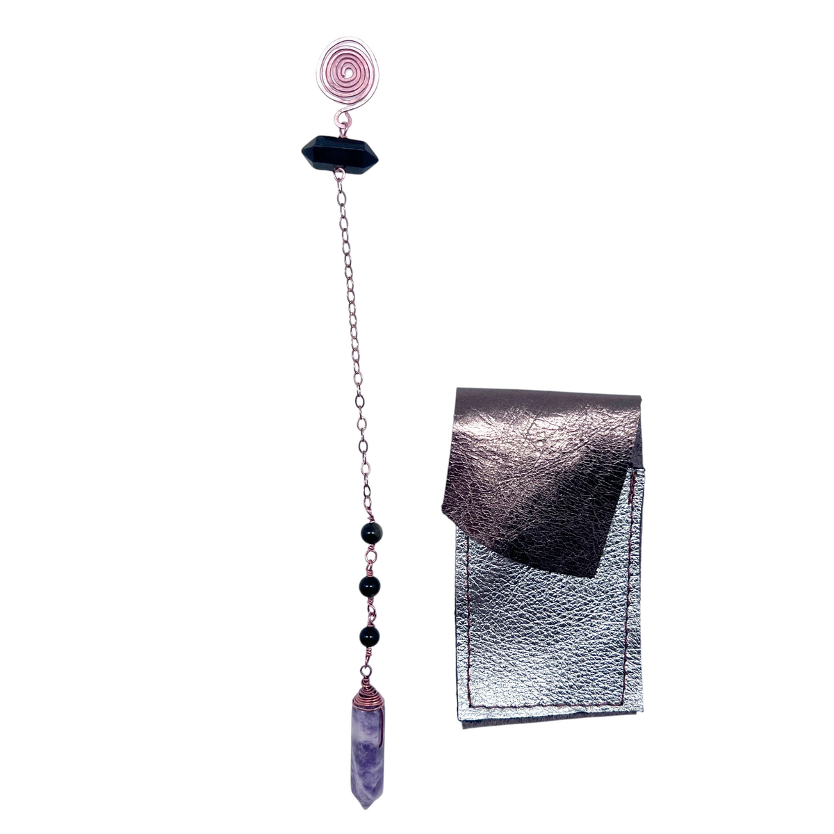 Ruby Feathers Serene Balance pendulum with lepidolite, black obsidian, and copper chain, shown with leather pouch.