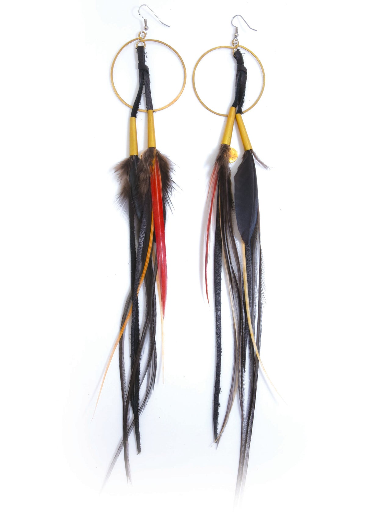 Ruby Feathers Luna hoop earrings featuring long black leather tassels and unique red and black natural feathers
