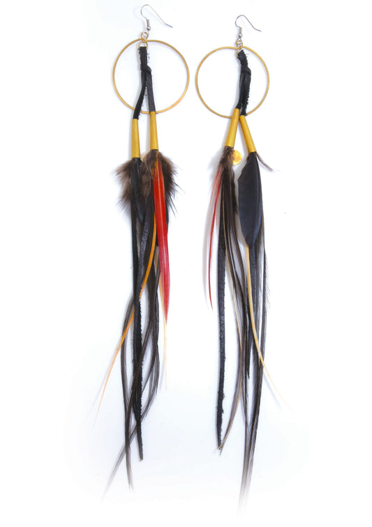 Ruby Feathers Luna hoop earrings featuring long black leather tassels and unique red and black natural feathers