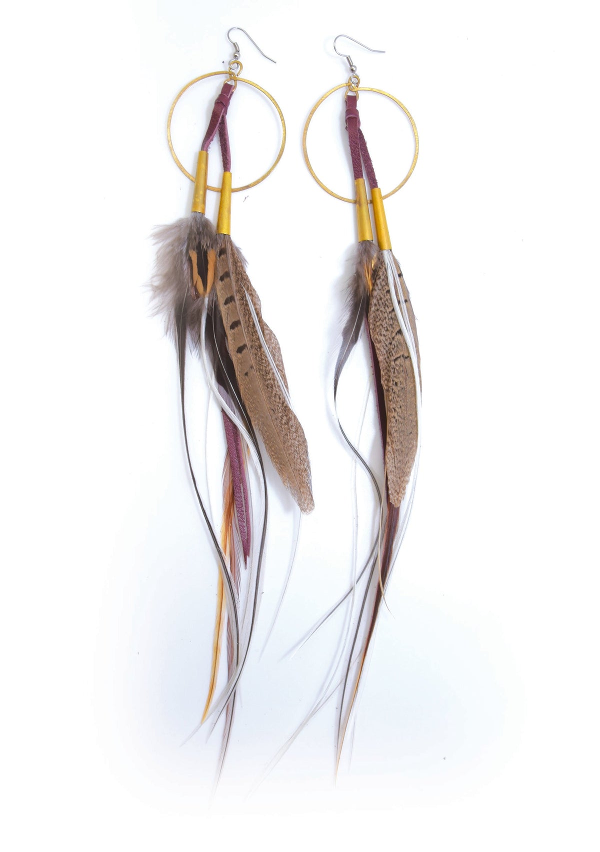 Ruby Feathers Luna collection long hoop earrings featuring leather tassels and natural brown and white feathers