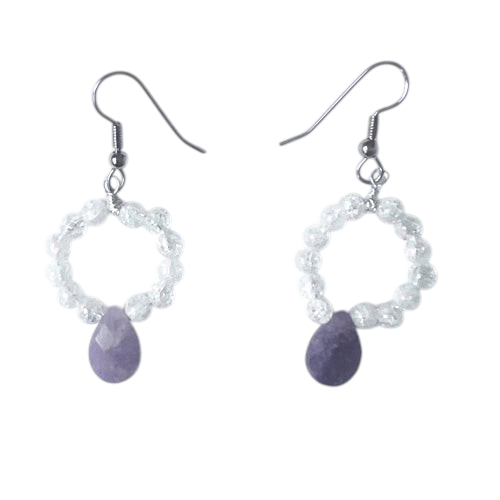Ruby Feathers handcrafted sterling silver earrings featuring round clear quartz beads and teardrop rhodonite stones.