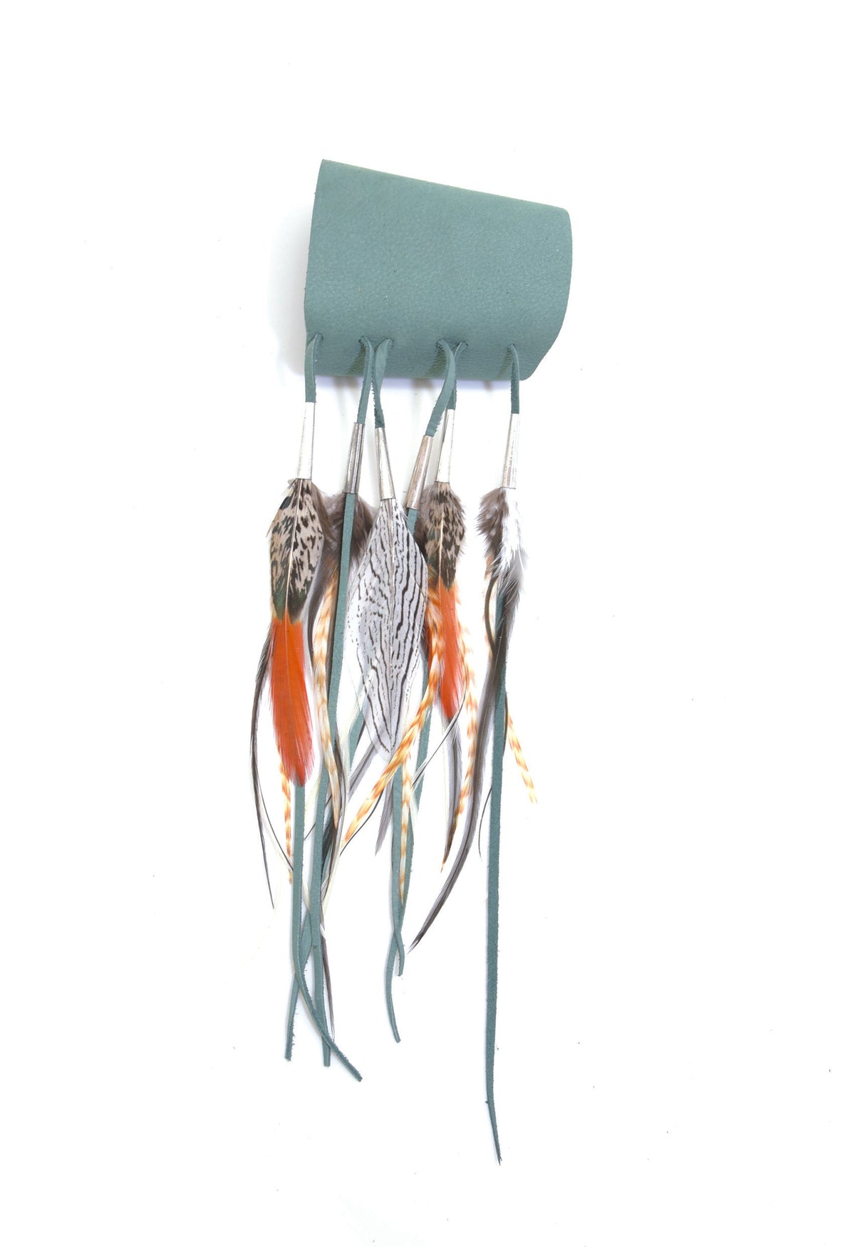 Ruby Feathers bohemian cuff made of sage green calfskin leather with dangling ethically sourced patterned feathers