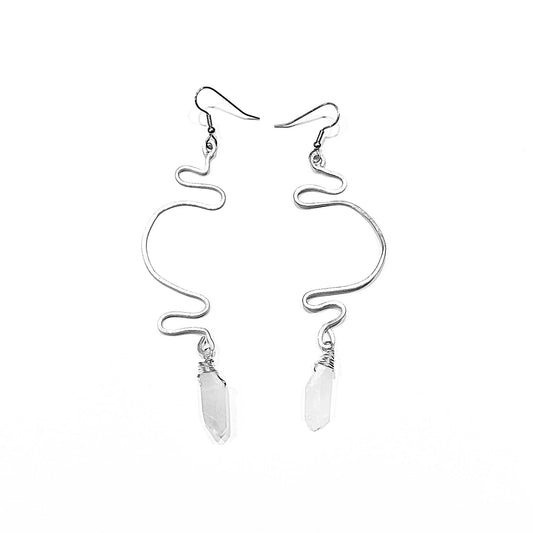 Ruby Feathers Waveform Whispers silver-covered copper wire earrings with wavy handpounded design and crystal accents.