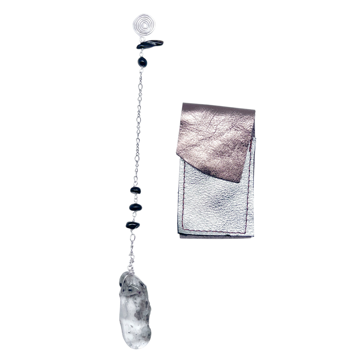 Ruby Feathers Aegis Shadow pendulum featuring smoky quartz, black tourmaline, and silver chain with leather pouch.