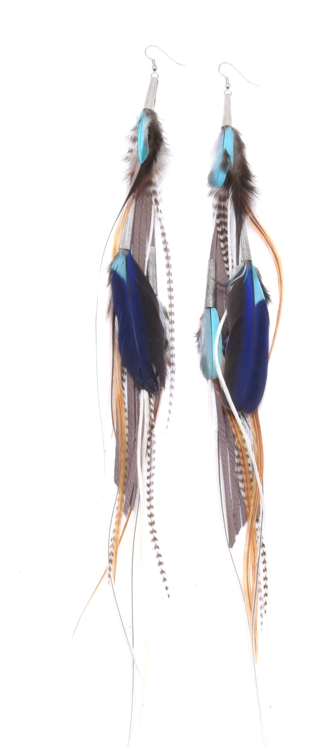 Ruby Feathers Utopia Ciel medium leather and pheasant feather earrings with surgical steel hooks and blue accents