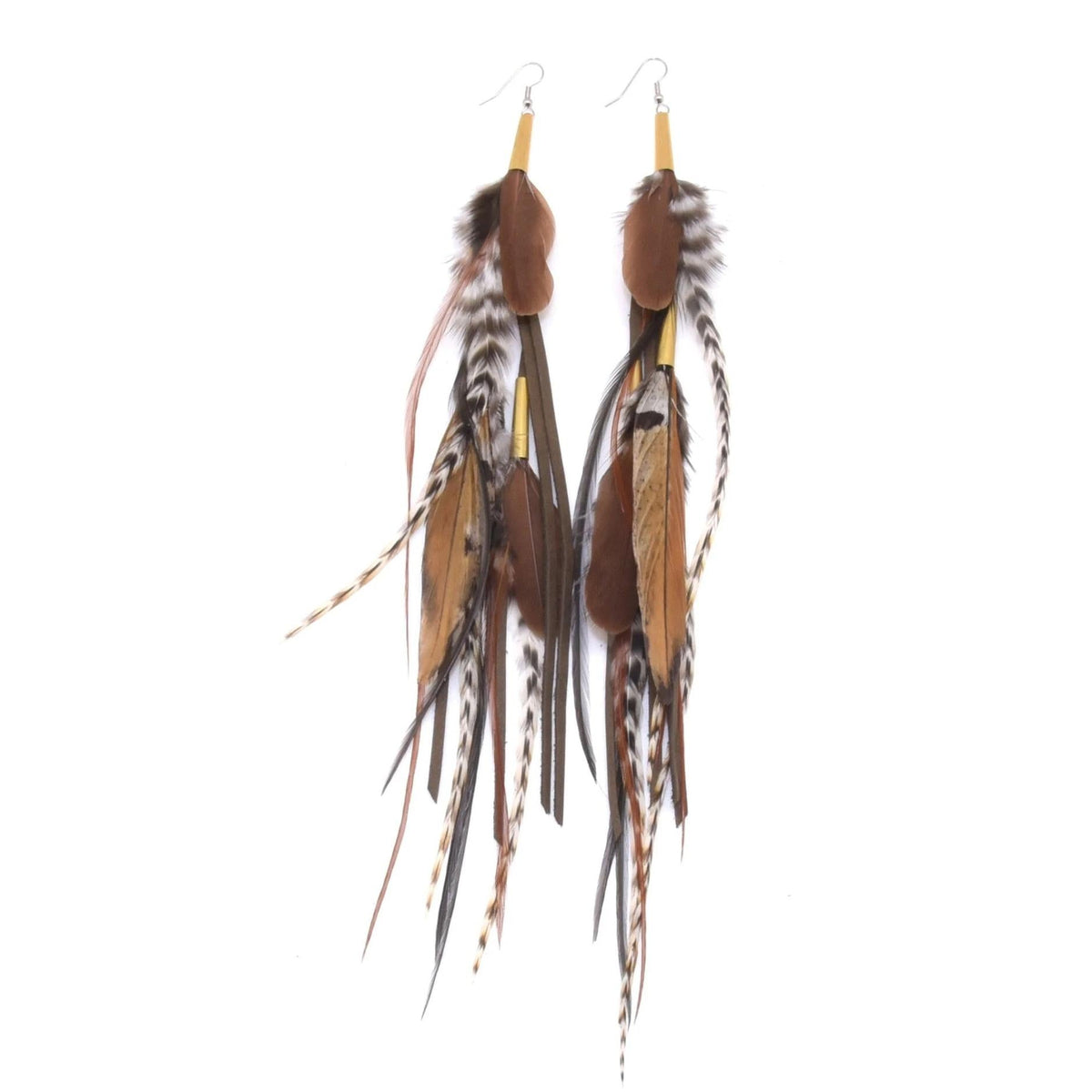 Ruby Feathers Utopia earrings featuring long, layered brown and striped ethically sourced feathers on silver hooks.