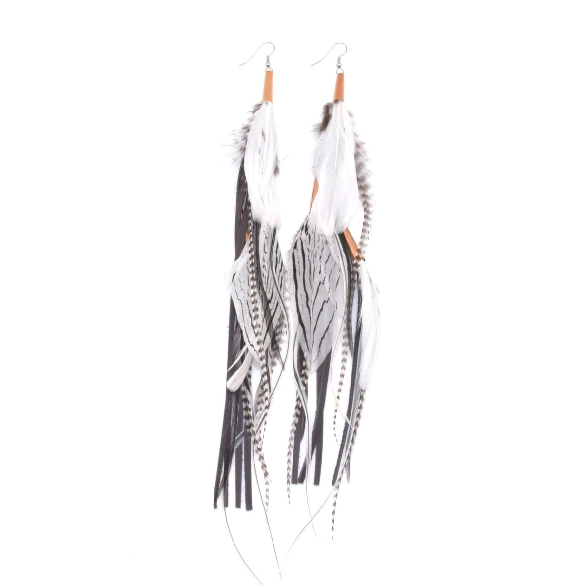 Ruby Feathers Utopia earrings featuring long, layered white and grey striped ethically sourced feathers.