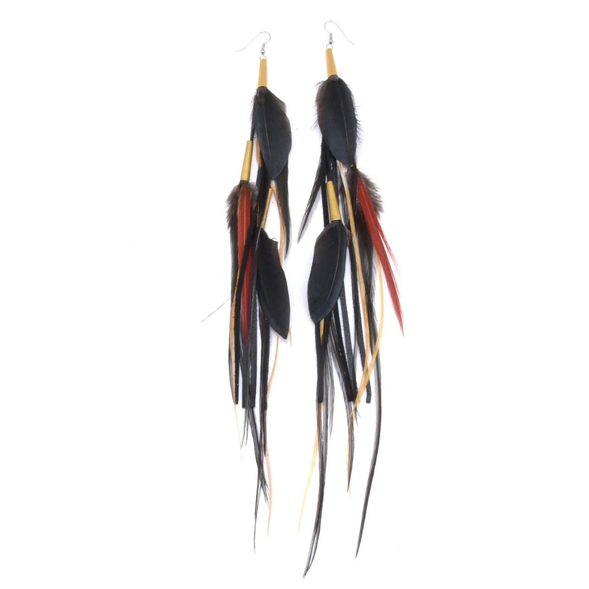 Ruby Feathers Utopia earrings featuring long, handcrafted black, red, and tan ethically sourced statement feathers.