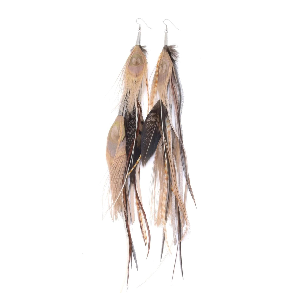 Ruby Feathers Utopia earrings featuring long, layered natural brown and cream ethically sourced feathers.