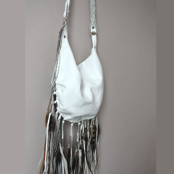 Luna White Leather Fringe Bag Ruby Feathers