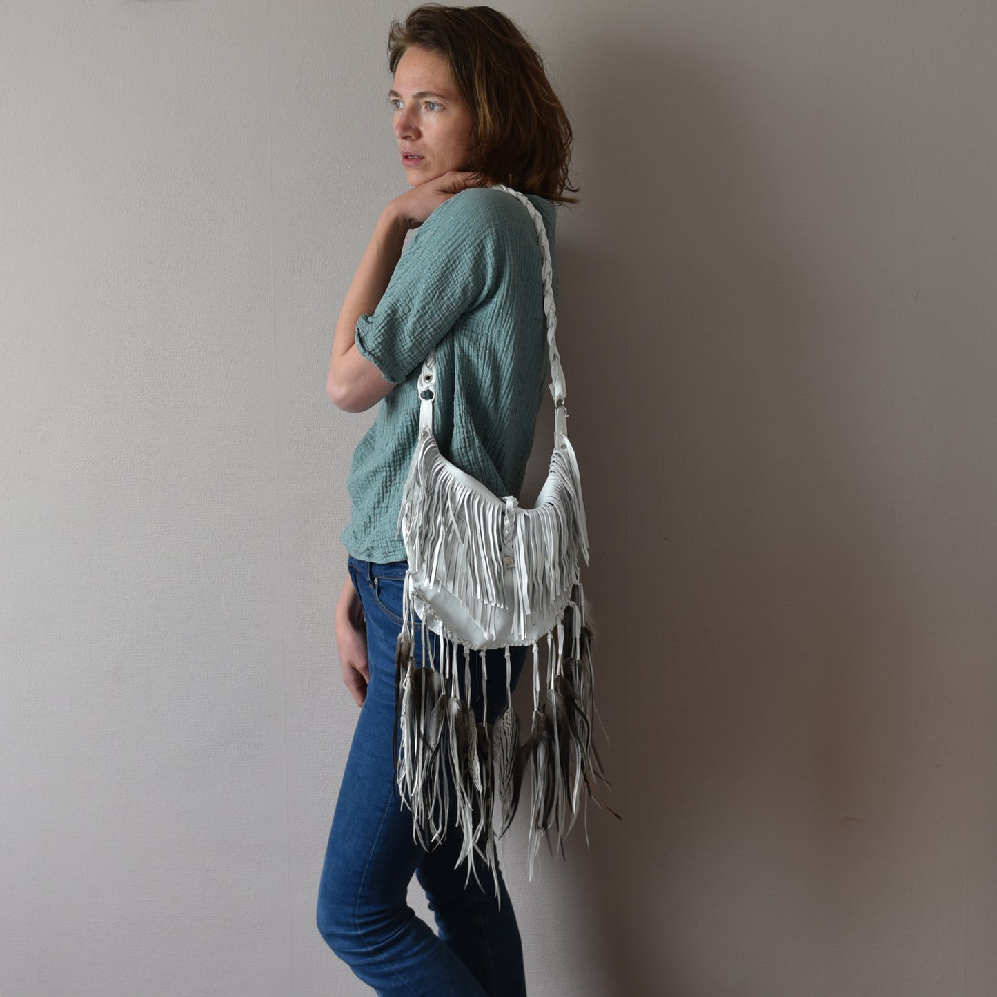 Luna White Leather Fringe Bag
